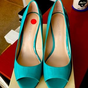New turquoise peep toe wedge shoes
